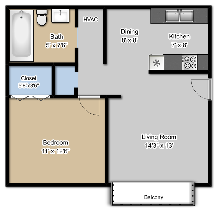 Floor plan for 1 bed, 1 bath, 640 sqft